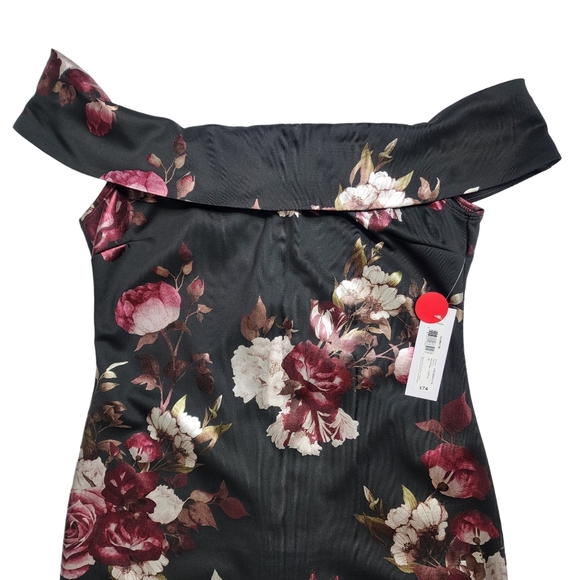 PREMIER AMOUR FLORAL OFF SHOULDER COCKTAIL DRESS Black/Burgundy/Silver S… - Picture 8 of 12